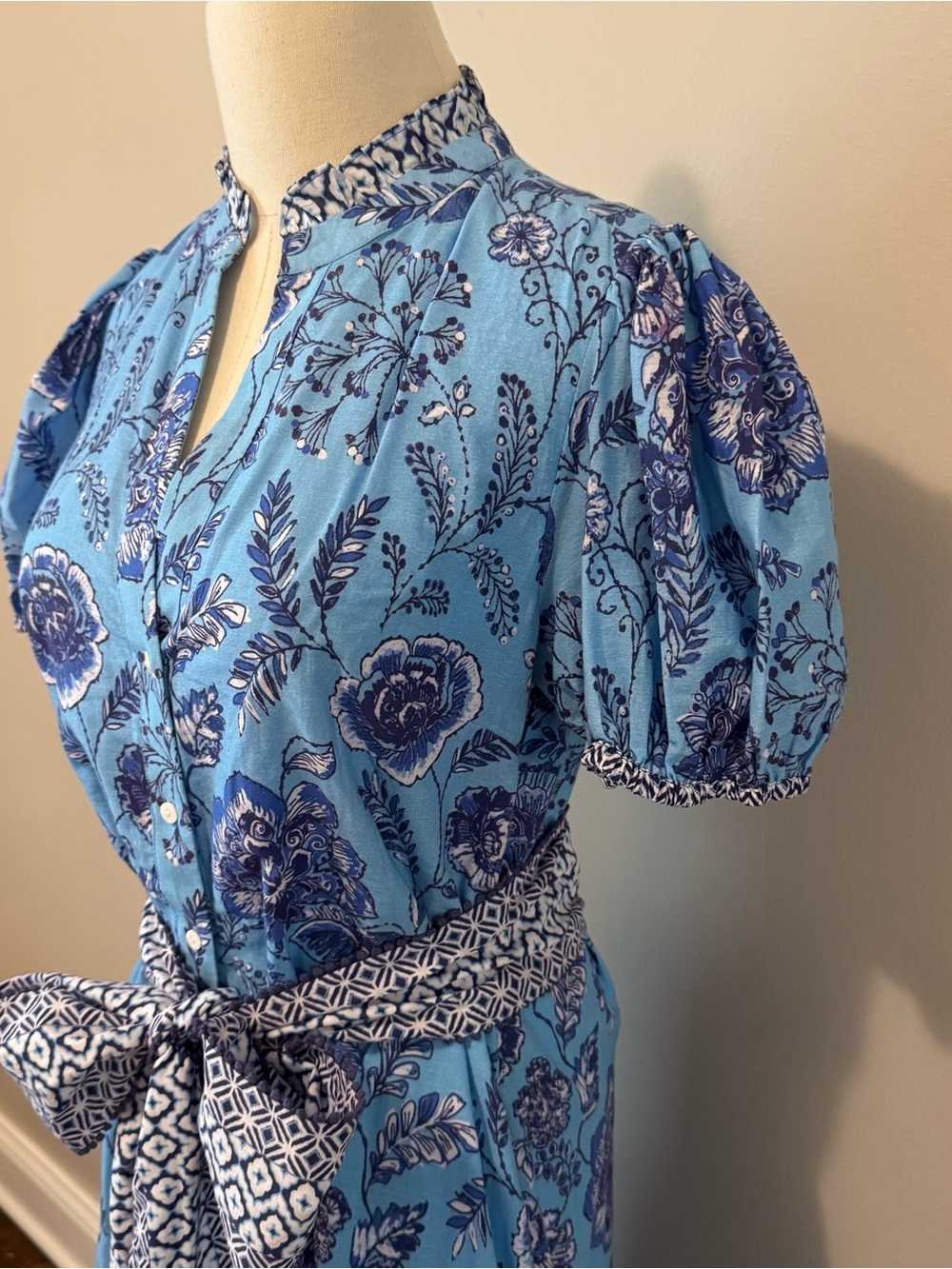CELINA MOON Blue Floral Maxi Dress with Patterned Sash - Picture 3 of 15